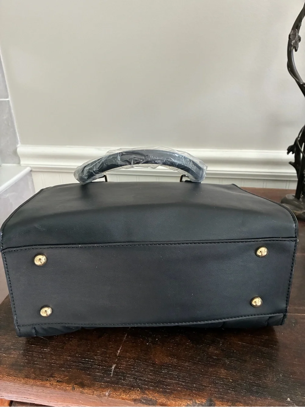 Ellen Tracy Black Quilted and Studded Top-Handle Satchel with Gold Accents